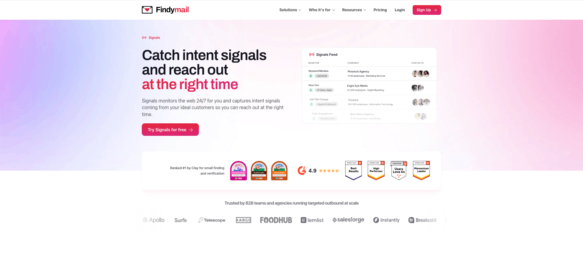 Signals tab in the Findymail sidebar